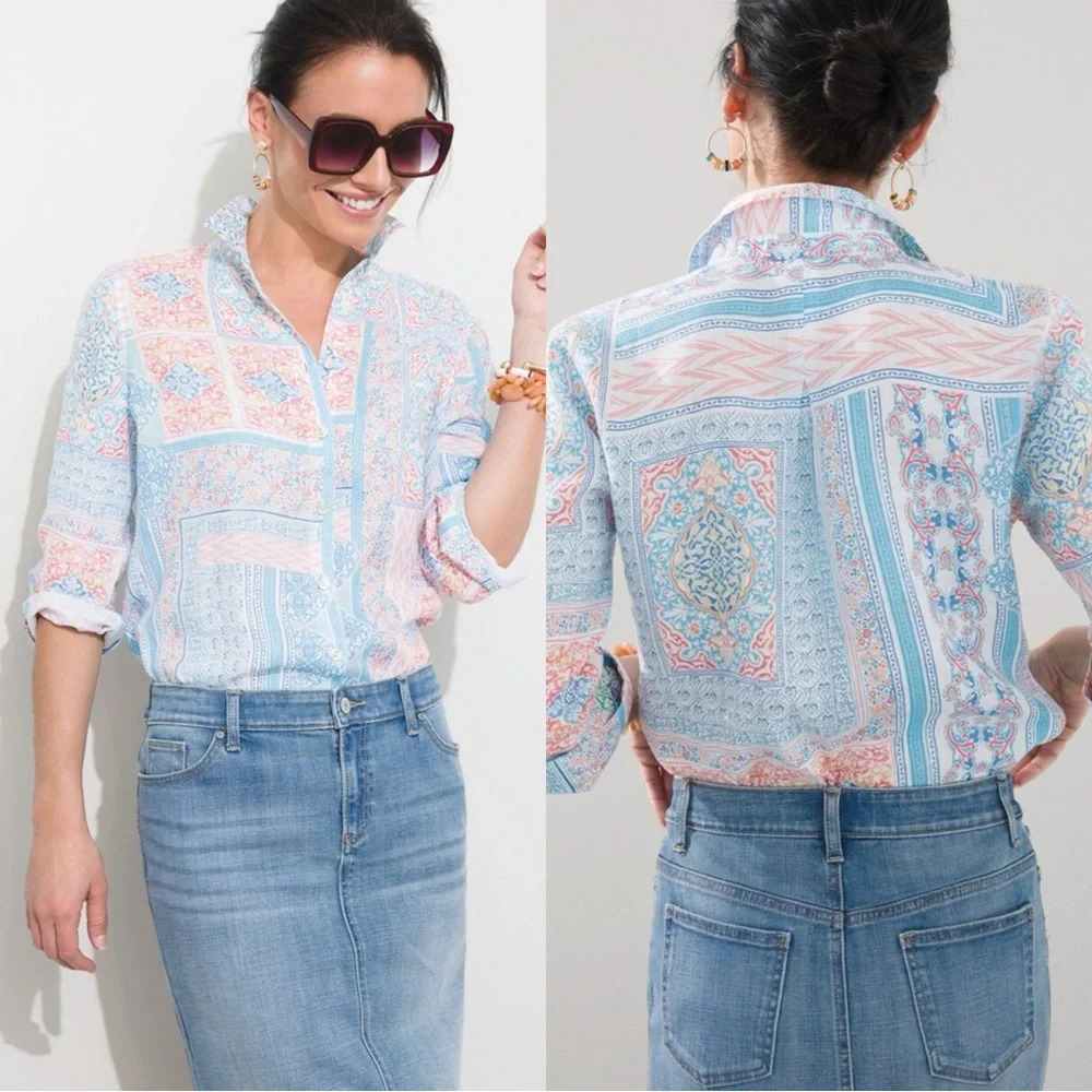 Chico’s No Iron 100% Linen Coastal Tile Button Down Shirt Top Multicolor Boho 18